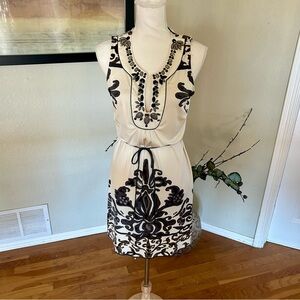 Hale Bob Cream Print and Beaded Knee Length Silk Dress in Women’s Medium NWOT